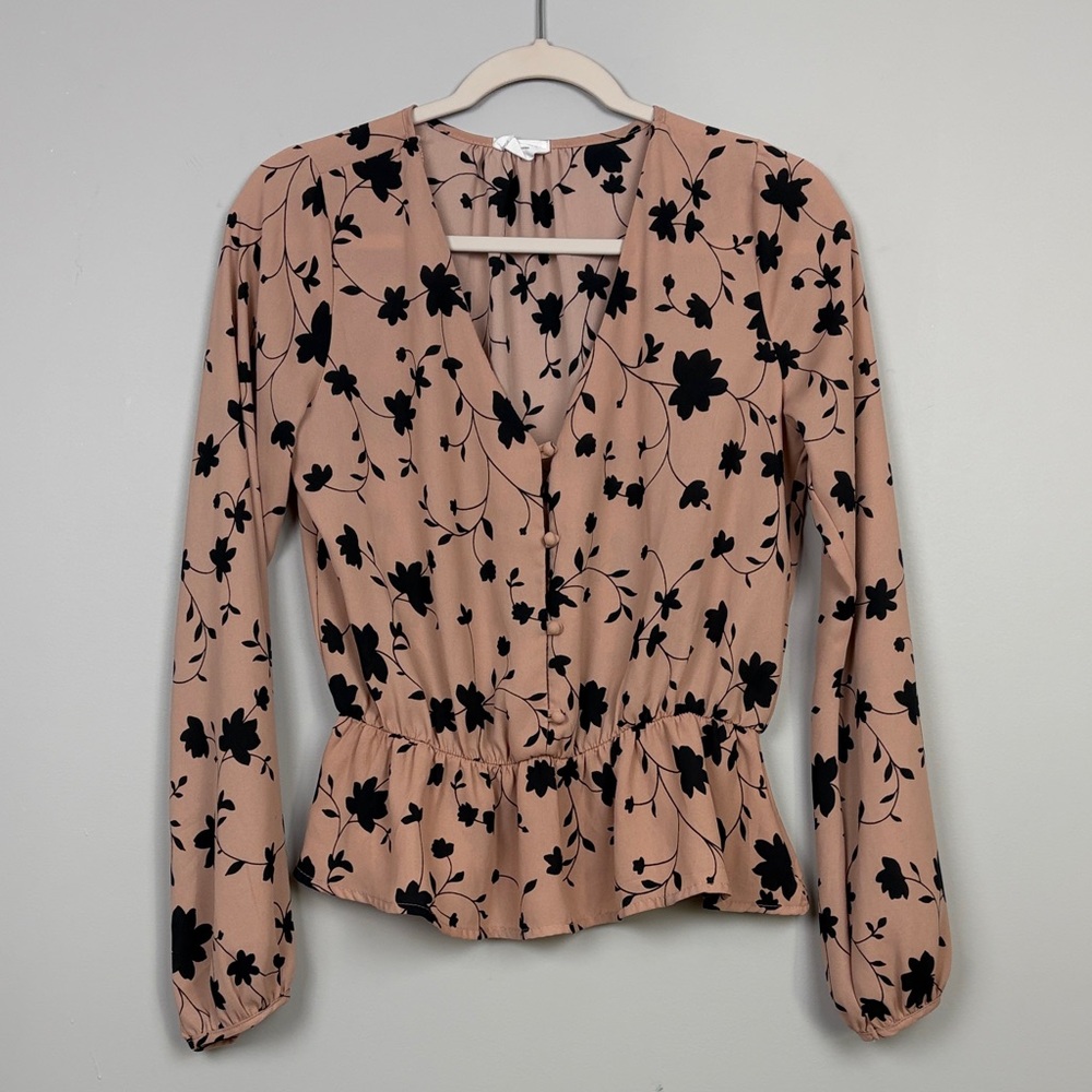 Sienna Sky Tan & Black Floral Blouse SZ M